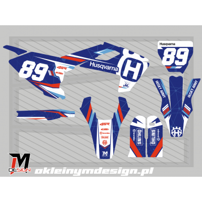 Husquarna blue, white and red